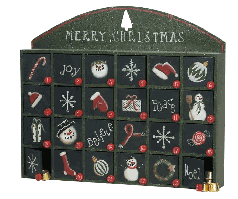 Simple, rather folksy Advent calendar with folk art designs on each of the fairly large drawers (wide and tall, not deep).  