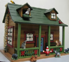 Green roof with two gabled windows; a large front porch with brightly decorated windows, this woodlands cabin Advent calendar houses 24 forest animals in its drawers!